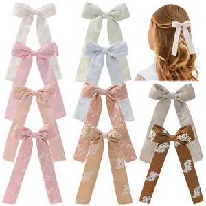 Shenglan Hair Bows for Girls Hot Pink Hair Clips Flower Embroidery Linen Fabric Fable Bow with Non Slip Metal Alligator
