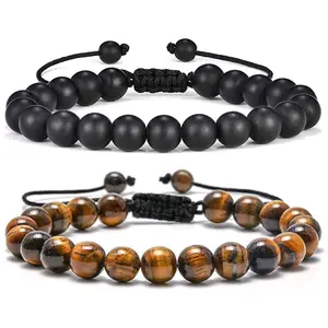 Natural Tiger Eye Black Lava Rock Stone Beaded Bracelets For Men Adjustable Bangles