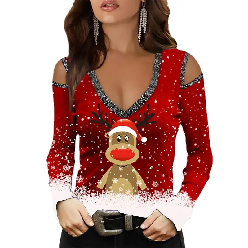 Christmas womens blouse shirt elk print sexy strapless tops long sleeves V-neck clothes T-shirt women blouse