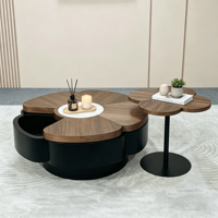 Table basse en forme de pétale, style médiéval, finition grain de noyer, plateau pivotant, rangement dissimulé, fabriquée au Guangdong, idéale pour les petits espaces, très populaire sur internet