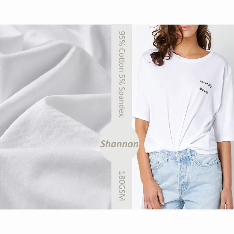 Оптовая продажа, экологически чистая трикотажная футболка, 95% хлопок, 5% спандекс, эластичная ткань для футболок