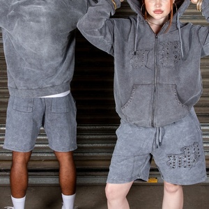Custom Two Piece Sweatsuit Track Short Set <strong>Summer</strong> Distressing Embroidery Tracksuit Zip up Hoodie and Shorts <strong>Jacket</strong> Sets <strong>Men</strong> - Product Image 6
