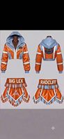 Ensemble d'uniformes de danse personnalisés à sequins, jupe courte à franges orange et bleue, veste à capuche, crop top, logo personnalisable, performance unisexe