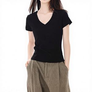 Wholesale Cotton Embroidered Knitted Casual Slim Fit Solid <b>V</b>-<b>neck</b> Short-sleeved Summer Tight <b>Women's</b> <b>T</b>-<b>shirt</b> - Product Image 4