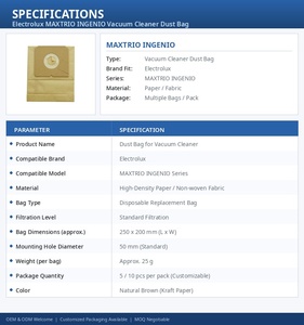 Bolsa de Papel para Polvo Electrolux MAXTRIO INGENIO Personalizada, Manual, de Alta Eficiencia, Ecológica, Repuesto, Accesorio - Product Image 3