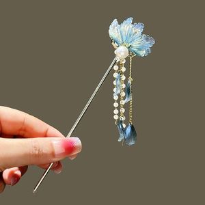 Horquilla de aleación para mujer con borla larga, estilo chino, adorno para el cabello con pétalos azules, perlas de hada, decoración para Cheongsam, joyería para moños. - Product Image 6