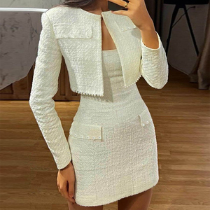 Elegante elegante manica lunga Slim in <span class=keywords><strong>Tweed</strong></span> con perla impreziosita <span class=keywords><strong>giacca</strong></span> e madreperla abbellimento Mini abito 2 pezzi Set <span class=keywords><strong>donna</strong></span> - Product Image 1