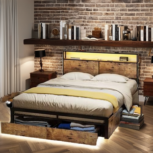 Lit double moderne avec étagère intégrée rétroéclairée, cadre en bois rustique, tiroirs de rangement, lumières LED, métal solide - Product Image 6