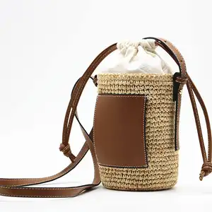 Zarif saman çanta çanta kova çanta kadınlar için kamış örgü çanta el yapımı debriyaj dokuma saman plaj çantası