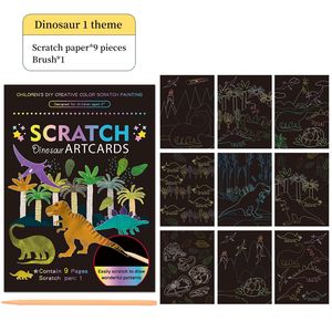 Venta al por mayor niños pintura DIY papel artesanal 9 piezas dinosaurio tema Magic Scratch Paper Art Set Rainbow Magic Scratch Card - Product Image 5