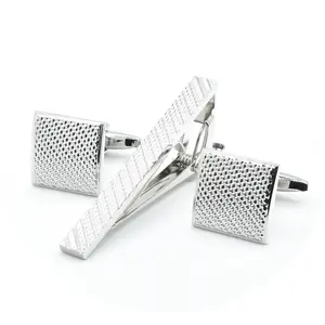 Men's Silver Plated Plain Metal Cufflinks Tie Bar with Engraving Pattern Texture Brass Main Stone for Gift Clip Set