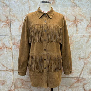 <strong>Women</strong> Vintage Brown Faux Suede Fringe Jacket Western Cowgirl Style Long Sleeve Button Down Tassel Shacket Coat - Product Image 6