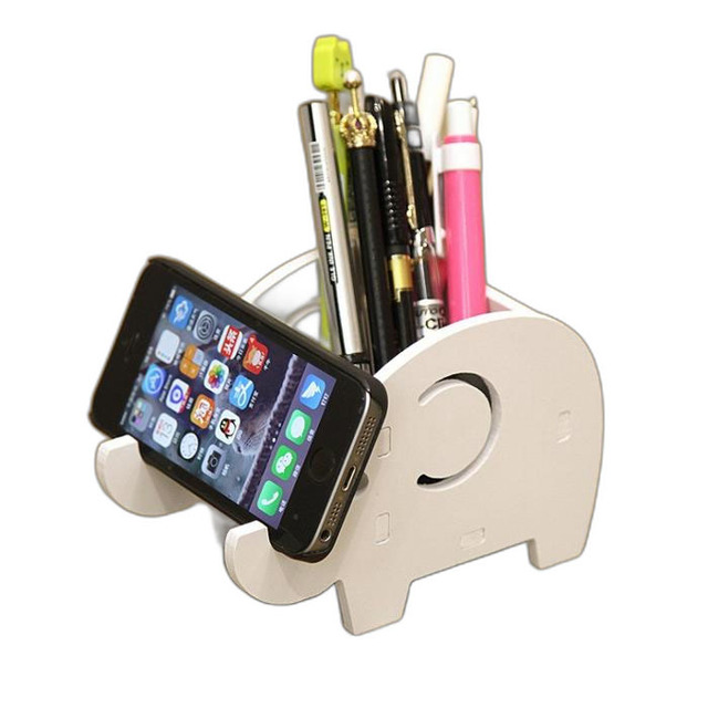 Wooden Desk Elephant Pen and Pencil Cup Holder with Phone Stand