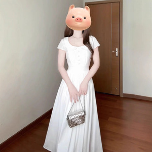 Vestido de Noche Estilo Francés, Color Blanco Puro, Silueta Larga en Línea A, Cuello Cuadrado, Cintura Imperio, Transpirable, para Verano - Product Image 2