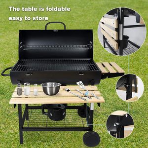 Parrilla de Carbón Tipo Trolley para Jardín, Ahumador de Carbón con Estantes Plegables de Madera, Recubrimiento en Polvo - Product Image 6