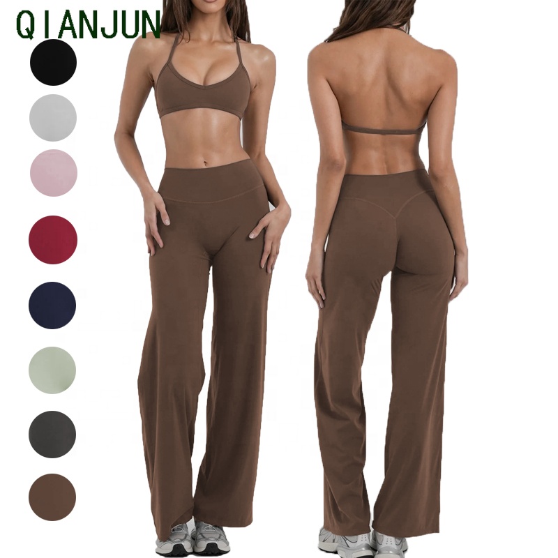 New Style Women's Solid Color Yoga Suit Hanging Neck Sports Bra Casual Straight Leg Pants Yoga Suit Fitness Suit Fitness Suit