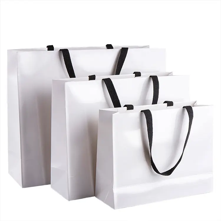 Sac en papier personnalisé de luxe 230 250 gsm, grand emballage personnalisé, sac à provisions blanc avec Logo imprimé en feuille d'or Rose