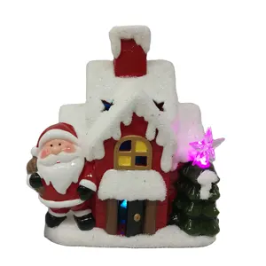 Casa roja de Navidad de cerámica cubierta de nieve Adornos de muñeco de nieve de Papá Noel con luz LED