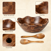 Juego de Tazones para Mezclar de Madera de Acacia Decorativos Hechos a Mano de 12 Pulgadas, Tazón para Ensalada de Madera con Utensilios para Servir