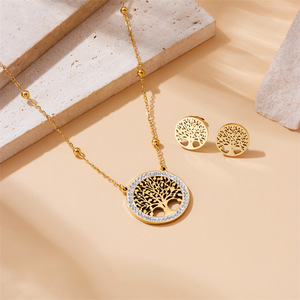 <b>Tree</b> Of Life Pendant <b>Necklace</b> Set Stainless Steel Stud Earrings Women's Fashion Jewelry Party Accessories Gold Tone Hollow - Product Image 2