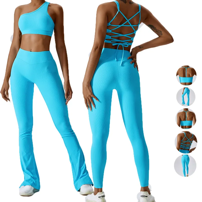2023 Solid color seamless Supportive 5 pieces Active wear high impact strap bra and long flare leggings suit rib lulu yoga set