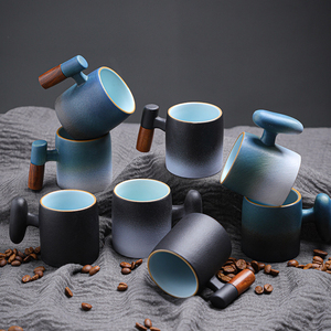 Taza <span class=keywords><strong>de</strong></span> café retro <span class=keywords><strong>de</strong></span> cerámica degradada <span class=keywords><strong>de</strong></span> 60ml 70ml, estilo japonés, hecha en horno, con asa <span class=keywords><strong>de</strong></span> madera, para latte y té. - Product Image 4