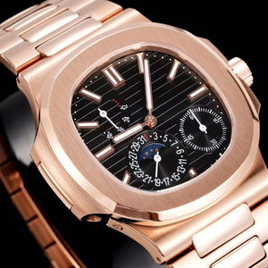 Reloj de pulsera de lujo para hombre con caja de oro rosa, fase lunar, esfera negra con fecha, versátil para ocasiones informales y formales, de alta gama y coleccionable. - Product Image 2