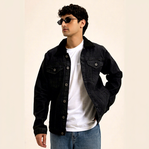 Veste en jean noire pour homme, style vintage, coupe classique, fermeture boutonnée, coton délavé, tissage uni, décontractée, pour l'hiver - Product Image 1