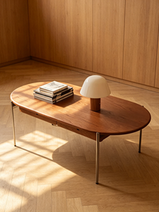Mid-Century Modern Oval Wooden <b>Coffee</b> <b>Table</b> with Metal Legs & Hidden Drawer for Living Room - Product Image 3