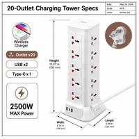 Enchufe de Extensión Vertical con Carga Inalámbrica y 5 Puertos USB Tipo C PD de Carga Rápida, con Logotipo Personalizado, Certificación CE, Venta al Por Mayor