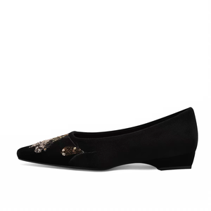 Chaussures plates à bout pointu pour femmes, fabriquées sur mesure par le fabricant, luxe, faites à la main, nouvelle collection 2026, détails brodés et sequins, velours, talon bas - Product Image 2