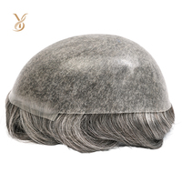 Prothèse capillaire pour homme en cheveux humains Remy indiens, densité 120%, base en dentelle française, longueur 6 pouces, ondulation naturelle, cheveux gris