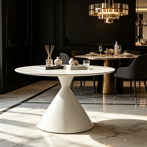 Table à manger minimaliste ronde en pierre frittée, base en forme de sablier blanc crème, pour la maison, salle à manger, café, hôtel, restaurant - Product Image 4