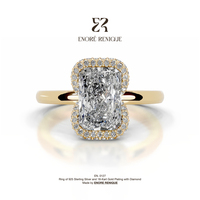 Bague en Moissanite Radiant Bezel Halo 2 carats, en Argent Sterling 925 Plaqué Or 14 carats, Bijoux Fins pour Femme, Idéale pour les Soirées
