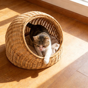 Lit pour chat en osier, maisonnette pour animaux de compagnie en rotin, nid douillet pour chat, panier de couchage avec coussin, mobilier moderne de luxe pour animaux de compagnie - Product Image 1