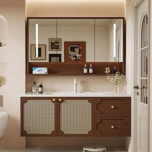 Custom Design Minimalist Scandinavian Fluted <b>Wood</b> Floating Mirror Basin <b>Bathroom</b> Small <b>Bathroom</b> Vanities <b>Cabinet</b> with Mirror - Product Image 4