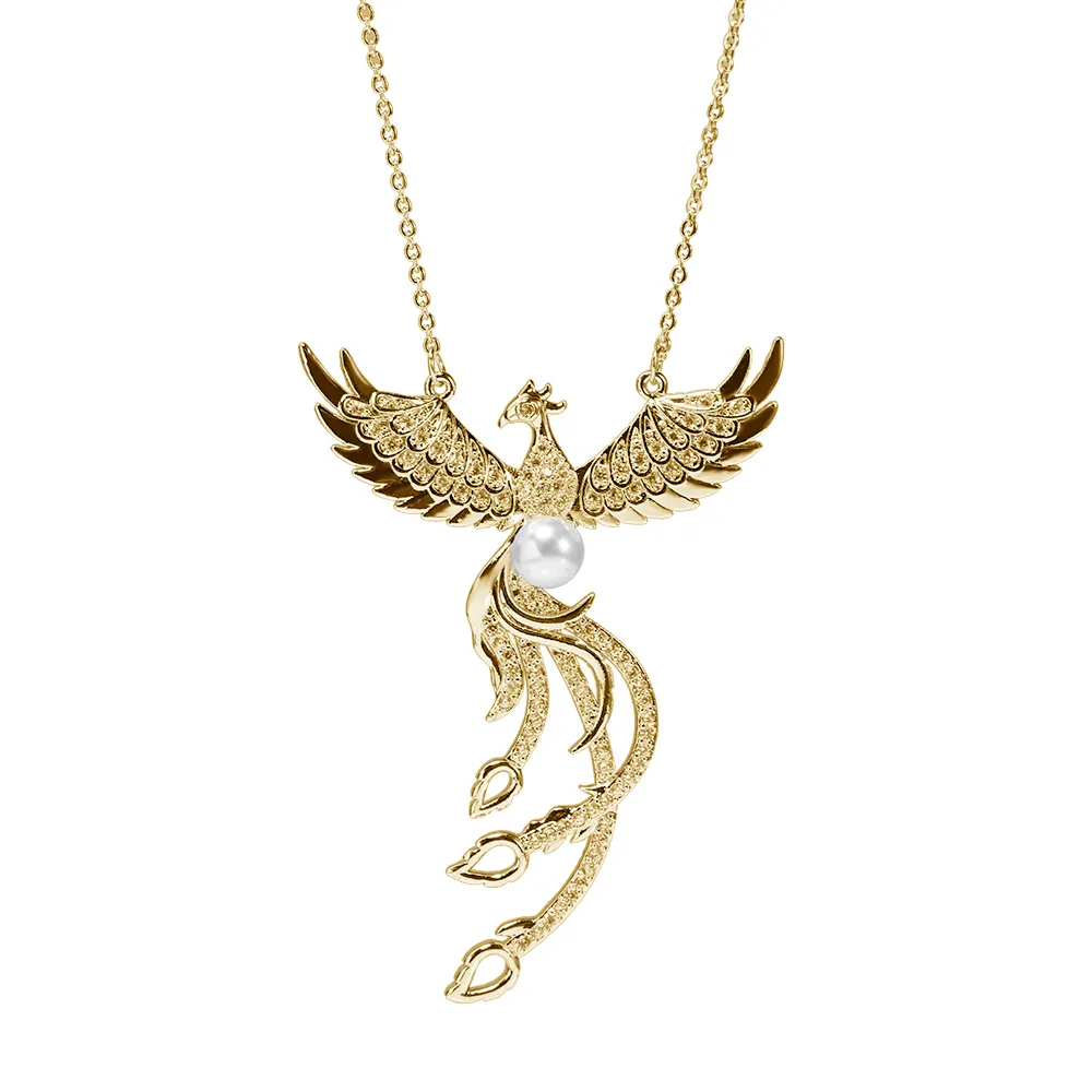 14K Gold Plated Brass Necklace Jewelry Mythical Fire Phoenix Bird Pearl Tiny Feather Dragon Pendant Jewelry