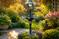 Mangeoire à oiseaux et station de bain solaire LED, style cascade antique, avec base remplie de pierres, en résine résistante aux intempéries, toit de gazebo, écologique, antirouille