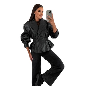 <strong>Women</strong> Notched Lapel <strong>Faux</strong> <strong>Leather</strong> Jacket, Elastic Gathered Waist Peplum Hem <strong>Blazer</strong>, Puff Long Sleeve Slim Fit Cropped Outer Coat - Product Image 5