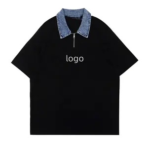 OEM Custom New Style Oversize Polo T-shirts With Quarter Zip Cotton Splicing Jean Polo Collar T-shirt For Boy's