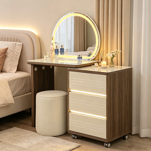 Coiffeuse moderne en bois avec miroir éclairé et tiroirs de rangement pour chambre à coucher - Product Image 4