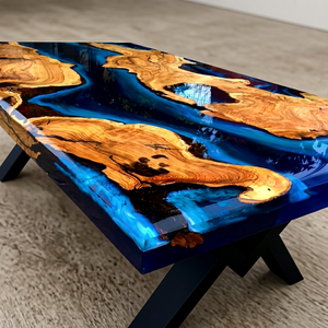 Modern Live Edge <b>Resin</b> Dining <b>Table</b> with Blue <b>Epoxy</b> Top Handmade Rectangle Farmhouse 6 Seater Home Furniture - Product Image 1