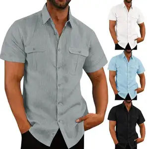 Wholesale Bulk Blank Summer Washed Solid Color Fashion Casual Work Dress Mens Short Sleeve Shirts Linen Shirts