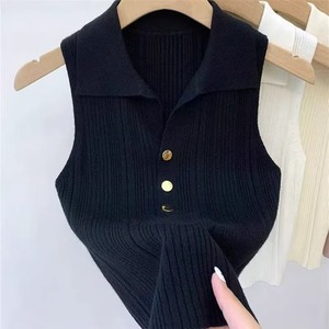Customizable <b>Women's</b> Daily <b>Sweater</b> <b>Vest</b> with Single Button Turn-Down Collar Solid Color Breathable Sleeveless <b>Vests</b> - Product Image 5