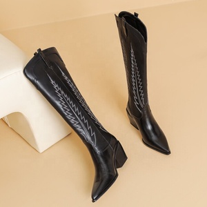 Large Size 46 Western Style Embroidery Shoes Women Cowboy Knee High <b>Boots</b> Chunky Wedge Heels Pointy Toe Wide Feet - Product Image 6