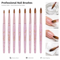 Kit de pinceaux à ongles Kolinsky en gros, 9 tailles, manche rose pailleté, doux et résistant, pour la construction d'ongles, fournitures de formation pour académies de manucure