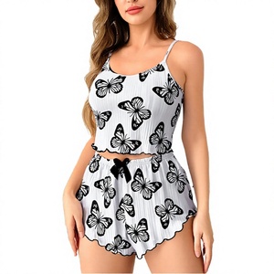 Pyjama en satin confortable pour femme, taille élastique, imprimé papillon, longueur genou, tenue décontractée d'été, séchage rapide, en stock - Product Image 4