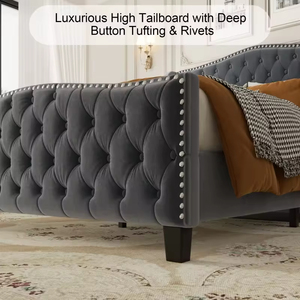 Cadre de lit capitonné gris de luxe <span class=keywords><strong>avec</strong></span> garniture cloutée, taille Queen, ensemble de meubles de chambre à coucher - Product Image 4