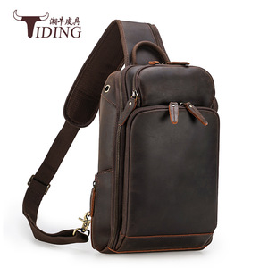 Sac de poitrine pour homme Tiding en cuir véritable marron foncé, grande capacité, résistant à l'usure, sac bandoulière avec détails de couture, usage quotidien - Product Image 1