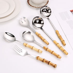 أدوات مائدة بمقبض خيزران طبيعي حقيقي طقم أدوات مائدة من الفولاذ المقاوم للصدأ عالي الجودة أواني مطبخ ومجموعة شوكة - Product Image 4